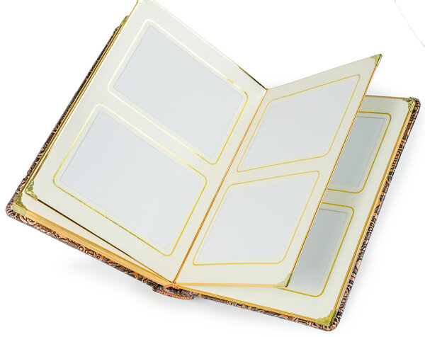 Открытая книга с пустыми страницами и декоративной рамкой для текста
