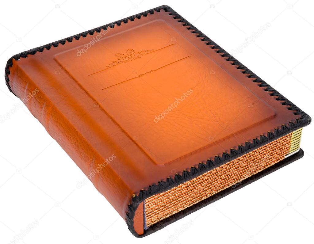 Brown leather photo album cover with decorative frame for text