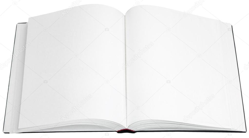 Opened book with blank pages on a white background