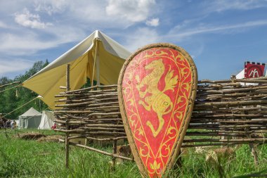 Çimenlerin üzerinde aile arması ile kırmızı knights kalkan 
