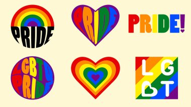 Parlak gökkuşağı renklerinde LGBTQ + logoları. Çizgi film vektörü düz tasarım gay gurur sembolleri açık sarı arkaplanda izole