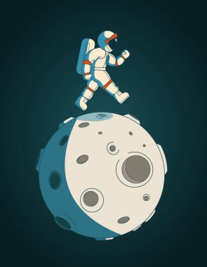 Astronot (kozmonot) beyaz uzay giysisiyle Ay 'da kraterlerle gezen astronotların soyut vektör çizimi. Koyu mavi arkaplanda izole edilmiş