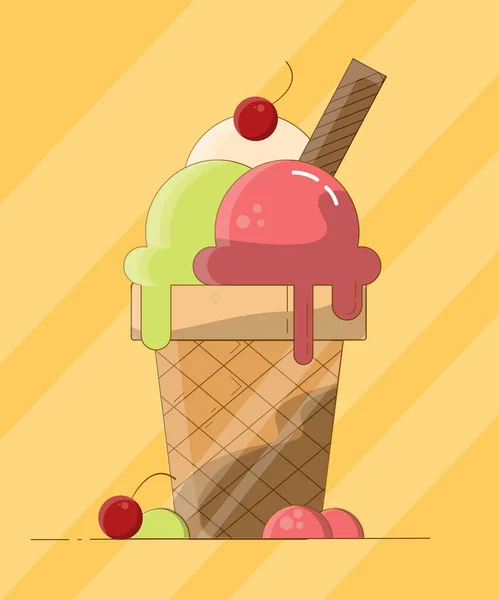 Vector Illustration Cartoon Colorful Ice Cream Waffle Cup Scoops Pink — Stock Vector