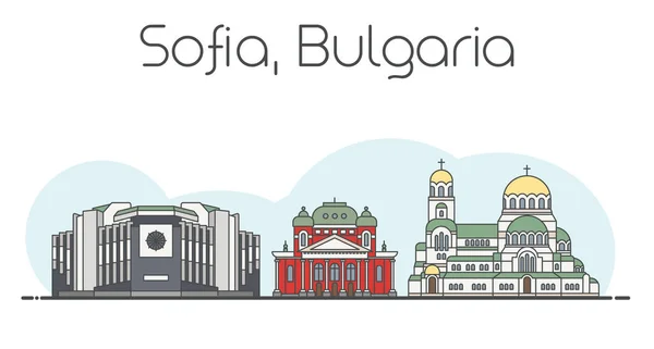 ソフィア ブルガリアの街並みのフラットベクトルラインイラスト 白とライトブルーの背景に隔離された有名なランドマーク 都市観光スポット デザインアイコン — ストックベクタ