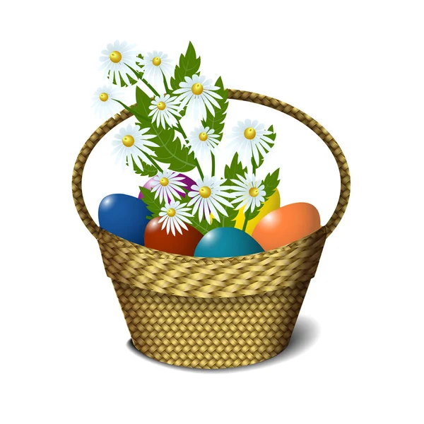 Easter basket with eggs and daisies — Stock Vector