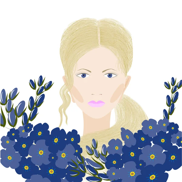 Kék virágok lány portréja — Stock Vector