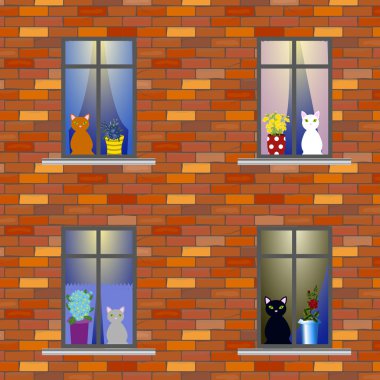 Cats in windows of house clipart