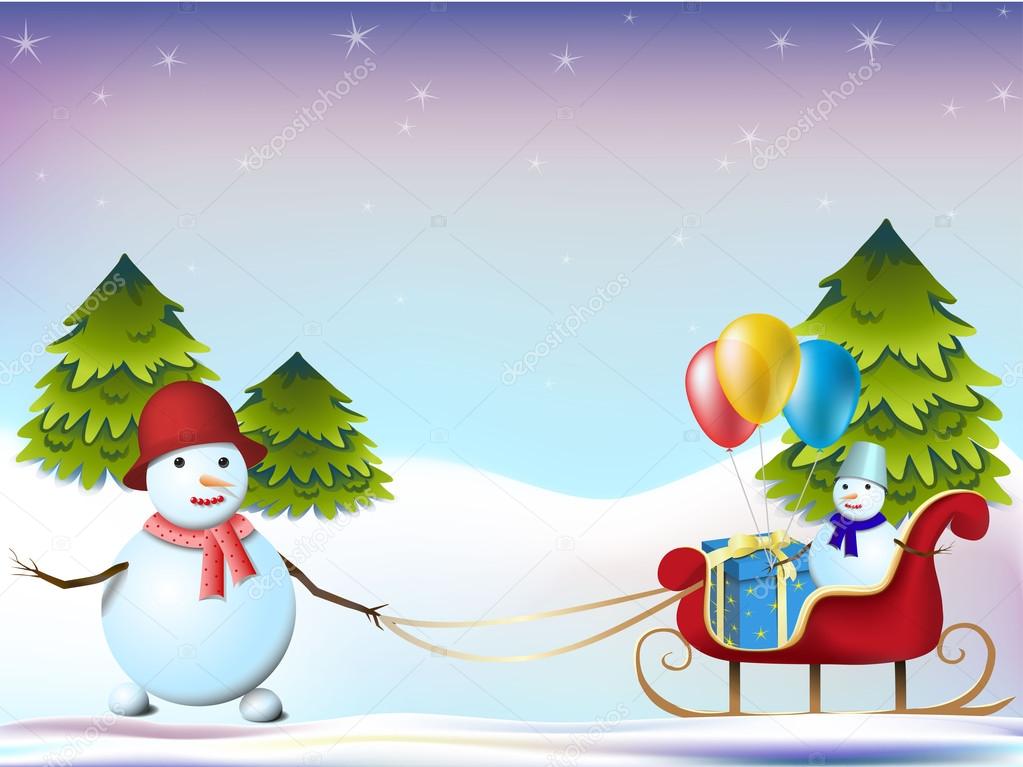 Two snowmen and sleds