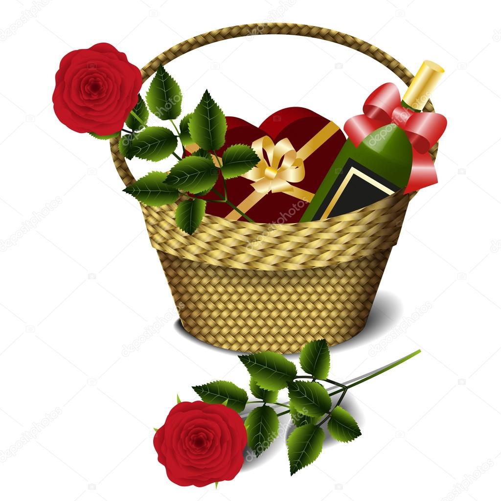 Basket, wine and red roses