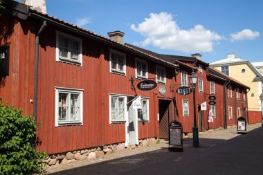 Linkoping, Ostergotland, İsveç 'teki eski ahşap binalar..