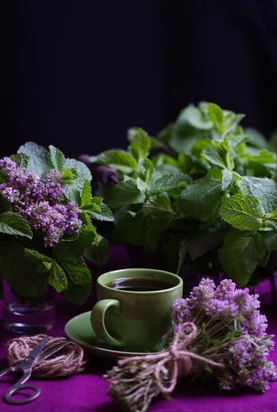 Bouquet of fragrant herbs. Mint and thyme. The style of the dark