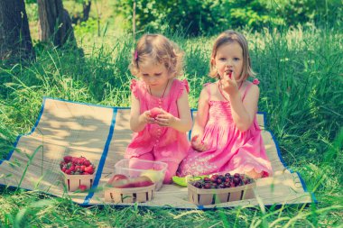 Küçük şirin komik kızlar (kız) piknik. Teneke görüntüdür