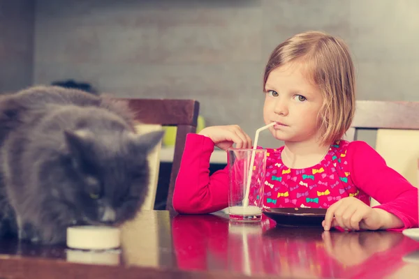 Kedi ve küçük kız süt içiyor.