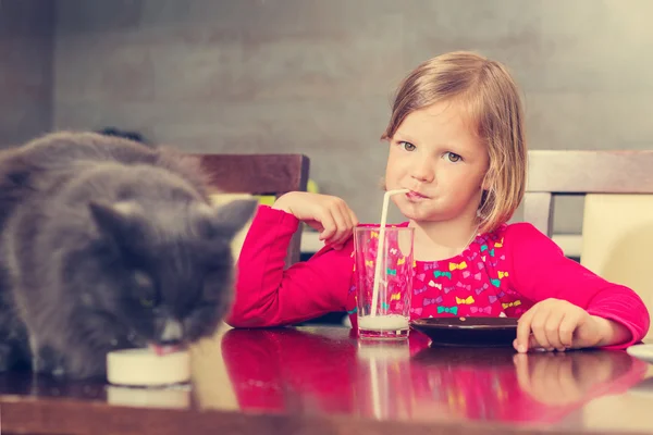 Cat and little girl drinking milk. — Stock Image Cat and little girl drinking milk. Royalty Free Stock Photos