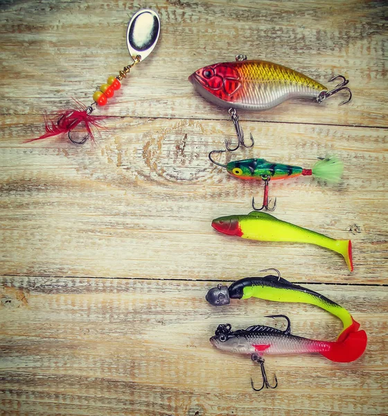 Lot Colorful Lures Fishing Rod Wooden Pier — Stock Photo, Image