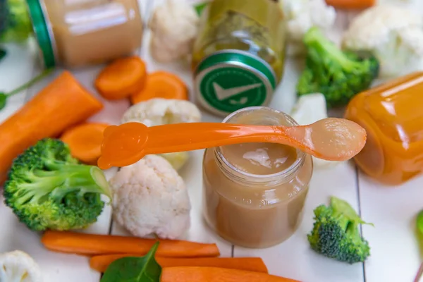 baby food on a white background. Selective focus