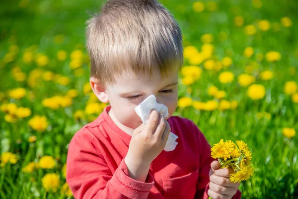 Niño Recoge Huele Flores Primavera Alergia — Foto de Stock