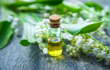 Vadideki zambak, küçük bir şişede gerekli yağ. Seçici odaklanma. Doğa.