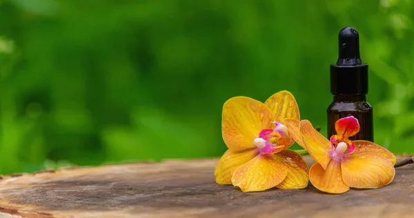 Flessen Met Etherische Oliën Orchidee Minsk Een Houten Achtergrond Natuurlijk — Stockfoto