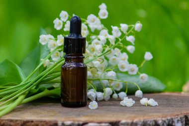 Vadideki zambak, küçük bir şişede gerekli yağ. Seçici odaklanma. Doğa.