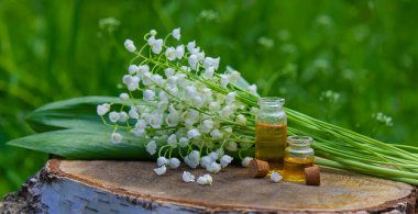 Vadideki zambak, küçük bir şişede gerekli yağ. Seçici odaklanma. Doğa.