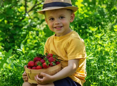 Child with a basket of strawberries. Children help with the harvest. Nature. Selective focus.