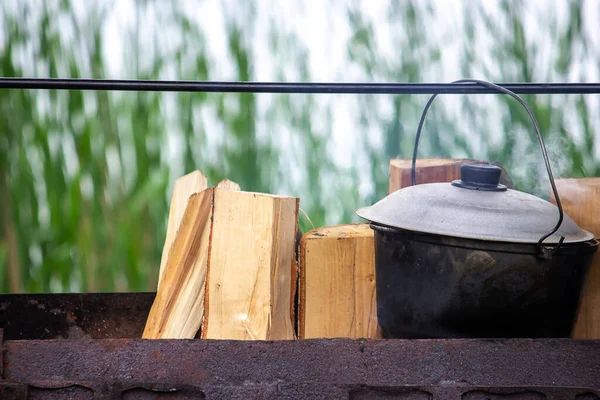 Cooking Cast Iron Cauldron Tripod Open Fire Selective Focus — Stock Photo, Image