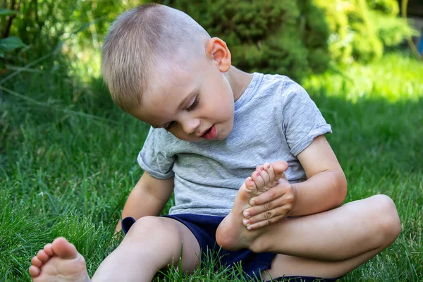 Niño Estaba Acostado Hierba Verde Sonríe Con Pinturas Las Piernas —  Fotos de Stock