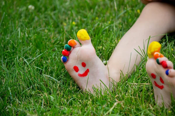 Child Lying Green Grass Smile Paints Legs Arms Child Having — Stock Photo, Image