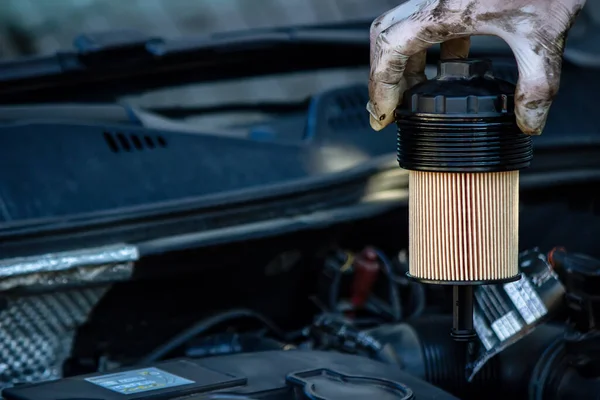 Replacing Oil Filter Car Selective Focus — Stock Photo, Image