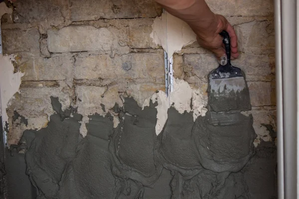 Man Plastering Wall Construction Repairs House Selective Focus — Stock Photo, Image