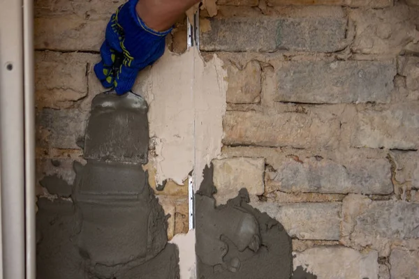 Man Plastering Wall Construction Repairs House Selective Focus —  Fotos de Stock