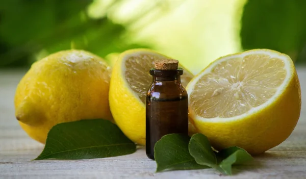 Bottle Lemon Essential Oil Alternative Medicine Selective Focus — Stock Photo, Image