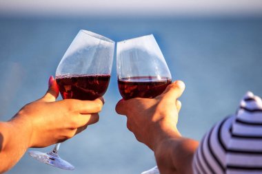 Deniz kenarında şarap içen romantik bir çift. Seçici odak