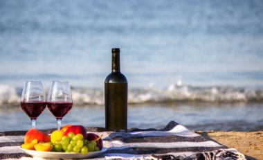 Piknik battaniyesi, şarap, meyve, güzel deniz sahili doğa seçici odak