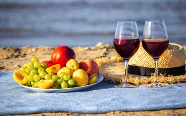 Piknik battaniyesi, şarap, meyve, güzel deniz plajı. Seçici odak