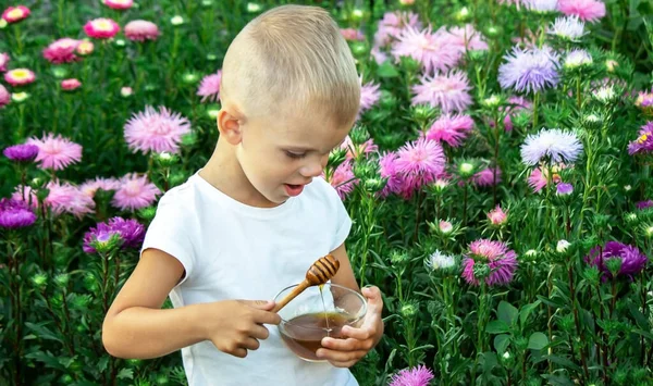 Ein Kind Isst Honig Einem Blumengarten Die Natur Selektiver Fokus — Stockfoto