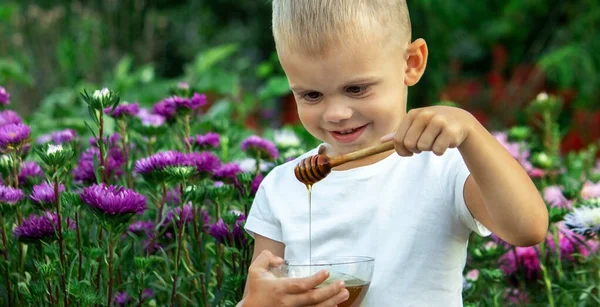 Kind Isst Honig Garten Selektiver Fokus — Stockfoto