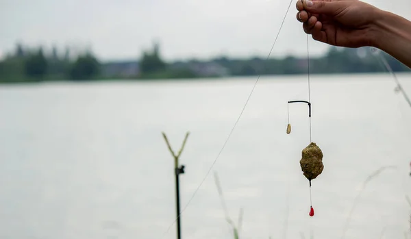 Fishing Tackle Wooden Float Mountain Background Selective Focus Nature — Stock Photo, Image