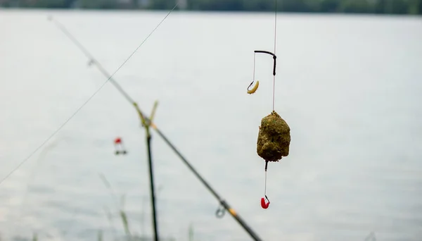 Fishing Tackle Wooden Float Mountain Background Selective Focus Nature — Stock Photo, Image