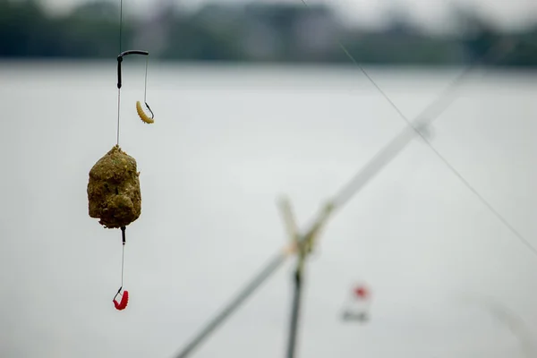 Pesca Enfrentar Flutuador Madeira Com Fundo Montanha Foco Seletivo Natureza — Fotografia de Stock