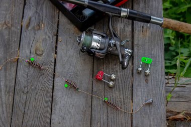 Nehir kıyısında olta takımı, olta, olta, olta, balık. Doğa. Seçici odak