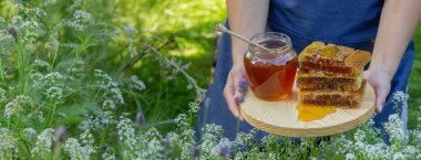 Elinde bal kavanozuyla tahta bir tahta ve çiçek açan çayır otlarının arasında bal peteği tutan kadın..