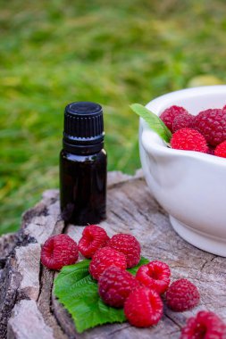 Şişe içinde ahududu esanslı yağ ve ahşap bir kütükte taze böğürtlen