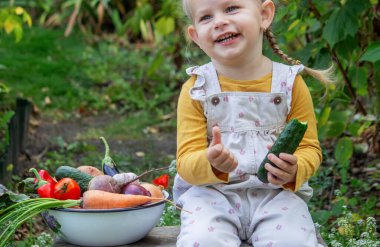 Küçük kız bahçede sebze kasesinin yanında salatalık yiyor.