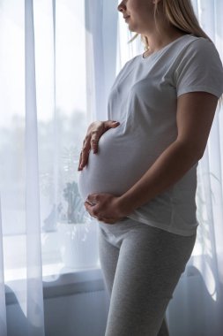 Hamile bir kadın pencereden dışarı bakar. Seçici odaklanma. İnsanlar.