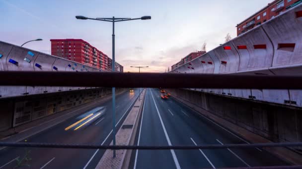 Tempo Lapso Pôr Sol Passagem Carros Gran Barcelona Uma Das — Vídeo de Stock