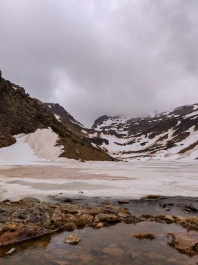 Estany de la Gola. Erken bir bahar gününde. Tamamen donmuş. Sahra Çölü 'nün tozundan gelen kirli çamur karı..