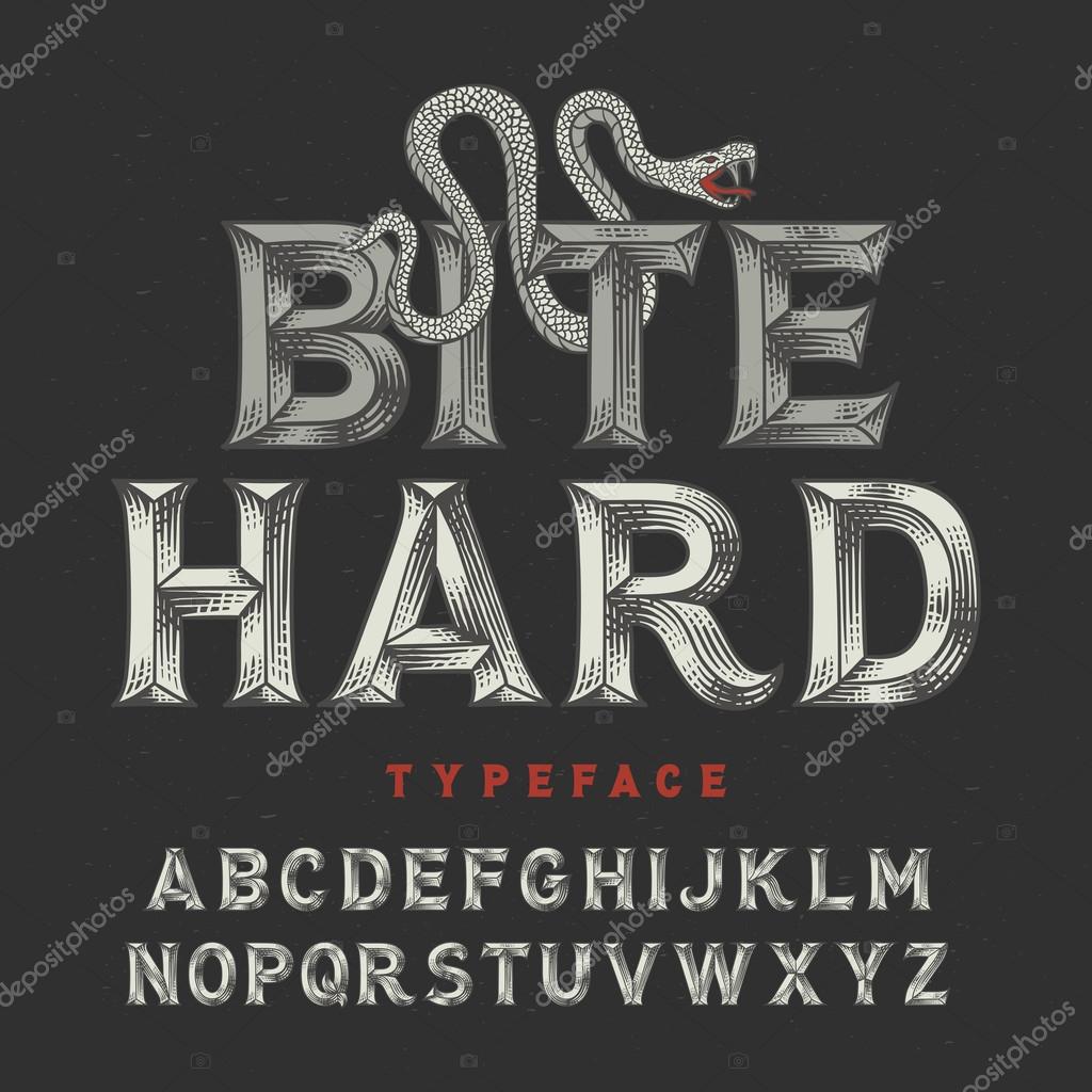 Vintage angry font with high level handcrafted details and crawling snake illustration