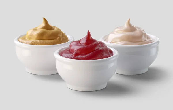 Set Renderings Three Sauces Ketchup Mustard Mayonnaise — Stock Photo, Image